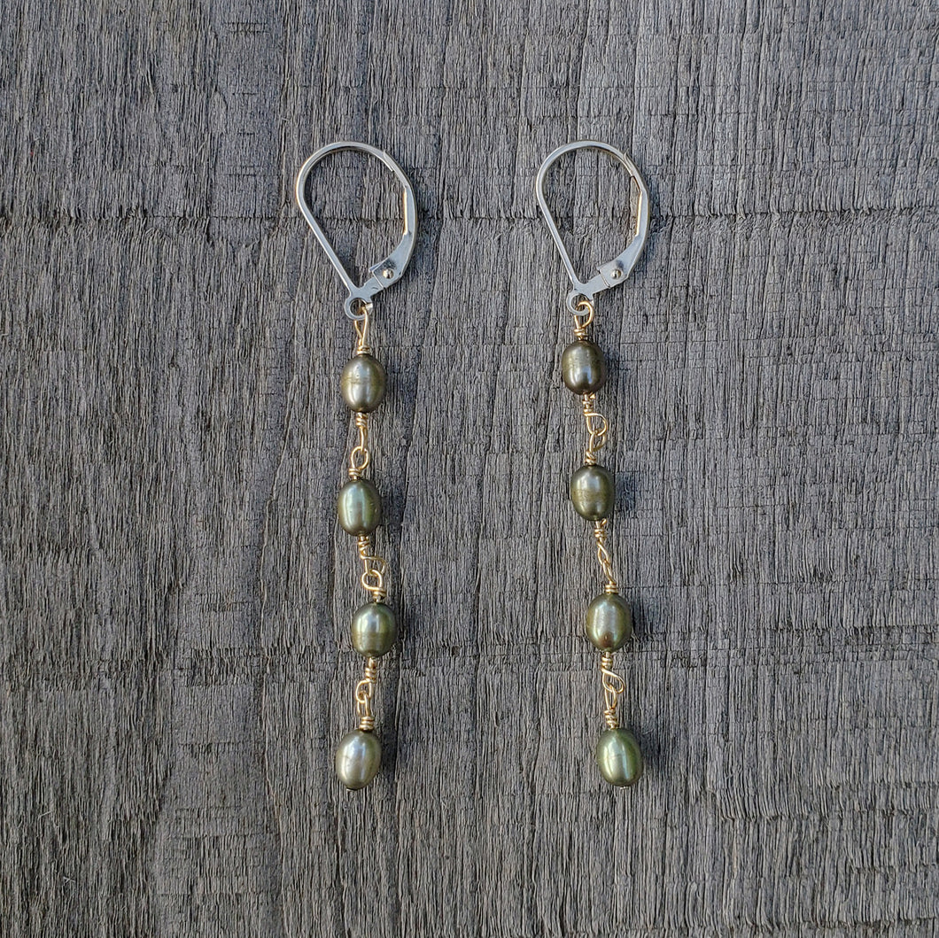 GF Olive Green Pearl 4 Drop Earrings